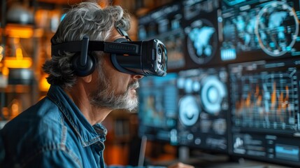 A man wearing a VR headset and headphones looks intently at a virtual reality presentation during a client meeting.
