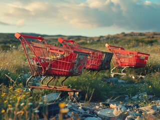 Three Red Shopping Carts Abandoned in a Field of Grass, Abandoned Shopping Carts