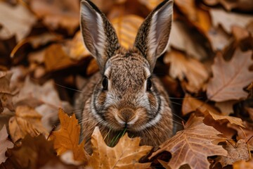 Fototapeta premium A curious rabbit sits among dry autumn leaves, creating a rustic and cozy woodland scene filled with warm colors and a sense of calmness in nature.