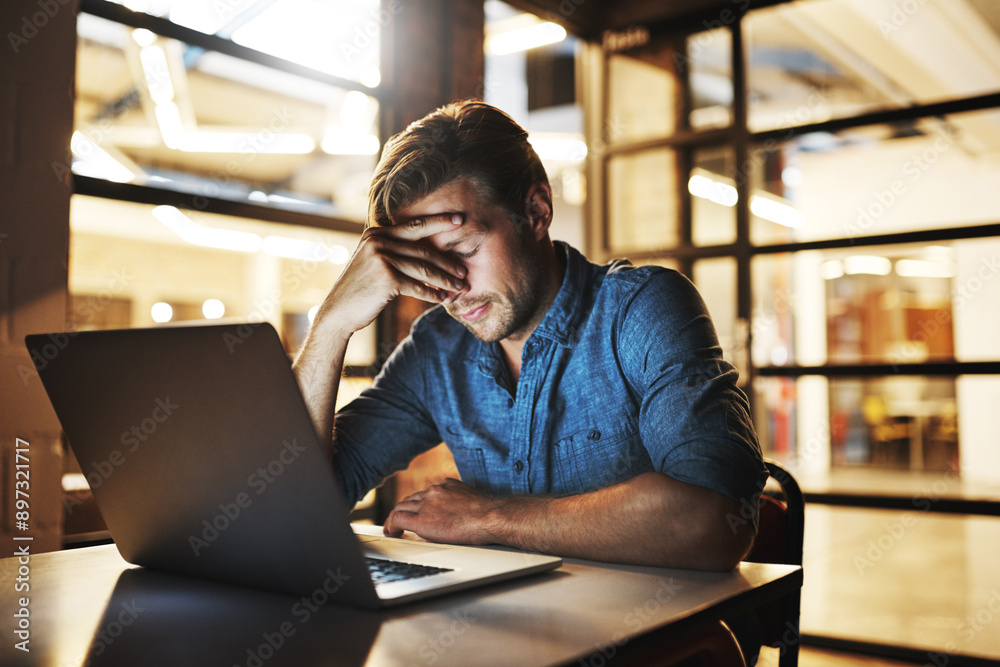 Aufkleber business man, laptop and tired with headache for difficult project, software glitch and burnout in o
