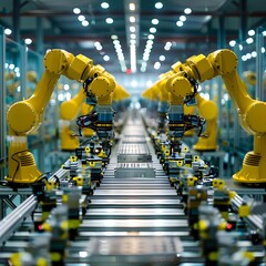 Obraz premium Yellow robotic arms working in a modern, automated assembly line in a factory setting, showcasing industrial automation and advanced manufacturing processes useful for technology, engineering
