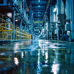 Fototapeta premium An industrial factory interior with shiny floors, lined with machinery and bright lighting, representing manufacturing or production, Ideal for industry-related topics, corporate presentations