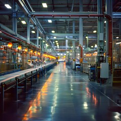 A highly organized and well-lit industrial manufacturing plant with long assembly lines reflecting on a shiny floor, suitable for depicting automation, engineering, and modern industry,