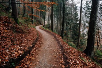 Obraz premium A narrow forest path, covered in fallen autumn leaves, winds through a dense wood, highlighting the serene and tranquil beauty of the forest during the autumn season.