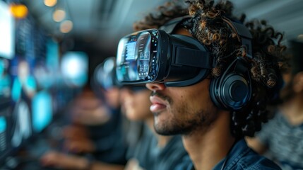 A man wearing virtual reality glasses, headphones, and a blue shirt looks intently at the digital world before him during a VR training session.