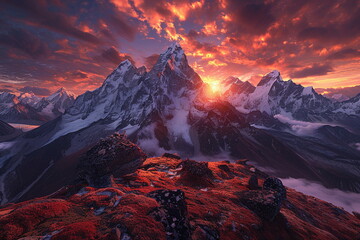 Fototapeta premium Fictional Himalayan Peaks Awash in Dawn's Glow Generated by AI