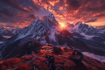 Tableau sur toile Coucher de soleil Fictional Himalayan Peaks Awash in Dawn's Glow Generated by AI  © Rodrigo