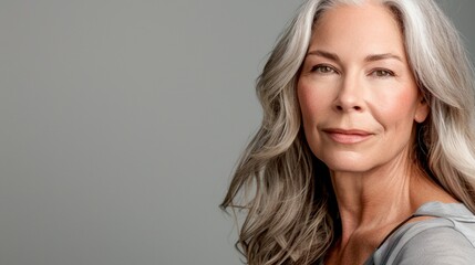Naklejka premium Elegant mature woman with grey hair and serene expression. Portrait captures the natural beauty and confidence of aging. Perfect for age positivity, beauty, healthcare, and lifestyle imagery. AI