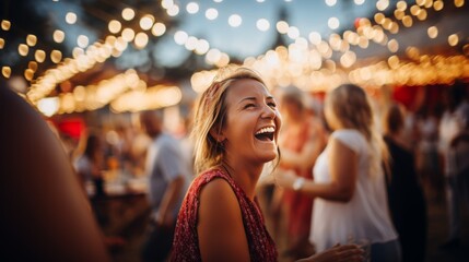 Friends capturing moment at summer music festival with selfie at vibrant concert event