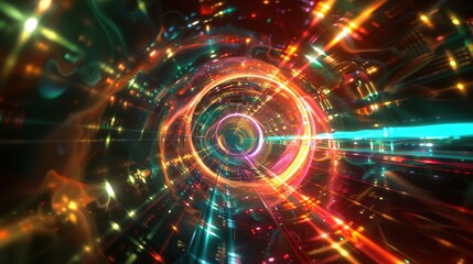 Fototapeta premium Abstract colorful tunnel with glowing lights representing motion and technology in a futuristic digital world.