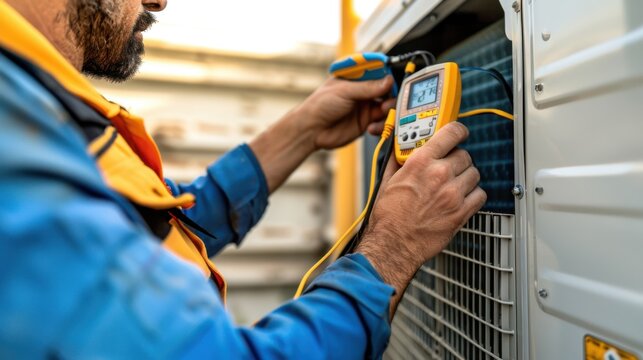 A skilled air conditioning serviceman in a blue uniform uses a digital multimeter to check the voltage on an outdoor HVAC unit
