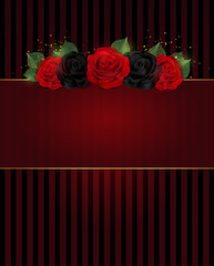 The design of holiday card with red and black roses. Beautiful and elegant text frame.