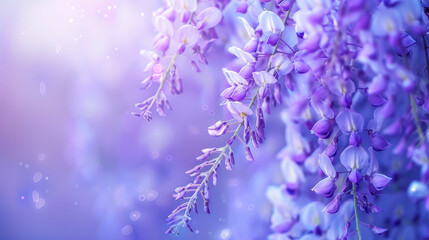 Obraz premium Beautiful blossoms of Fuji (Wisteria floribunda) vine in spring. The image is intentionally shot with a high key and shallow depth of field to create a dreamy and ethereal atmosphere.