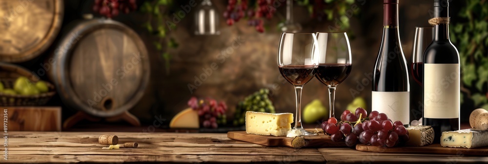 Aufkleber Two glasses of red wine and a plate of cheese sit on a rustic wooden table in front of a barrel and vines, creating a cozy and inviting setting. Generative AI