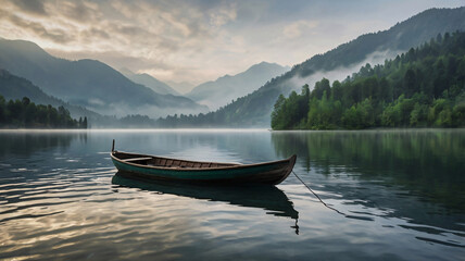 Obraz premium Beautiful Asian nature, floating wooden boat in lake, boat, lake, travel, nature, water, landscape