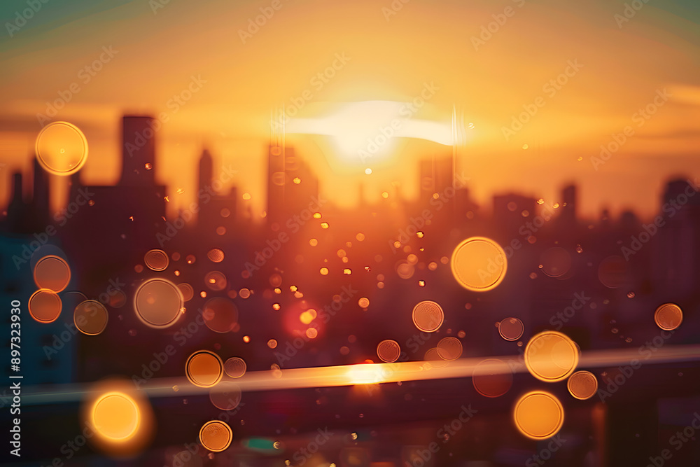 Sticker Summer sun blur golden hour hot sky at sunset with city rooftop view in the background fuzzy urban warm bright heat wave lights skyline heatwave bokeh for evening party. 