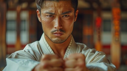 A martial artist stands with clenched fists and a serious gaze, preparing for a demanding training session in the dojo, exemplifying strength, focus, and determination.