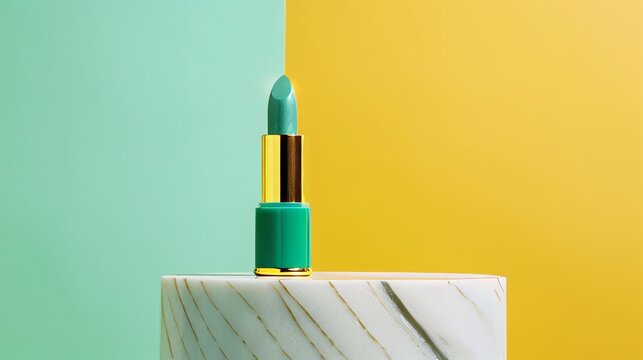 green and yellow pastel background, lipstick on a white marble showcase platform, professional photo, flat lighting 