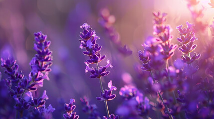 Obraz premium Close-up photo of a delicate lavender flower field, featuring an abstract purple floral background. The image highlights the aromatic beauty of spring nature.