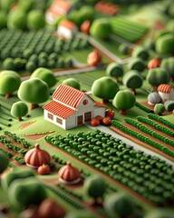 Obraz premium A charming miniature landscape featuring a quaint house surrounded by vibrant green fields and colorful farm produce.