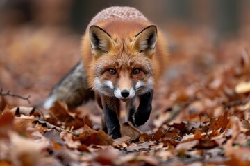 Obraz premium A red fox partly hidden behind a blur in a dense carpet of autumn leaves, its sharp eyes focused ahead, embodying the stealth and beauty of wildlife in fall.