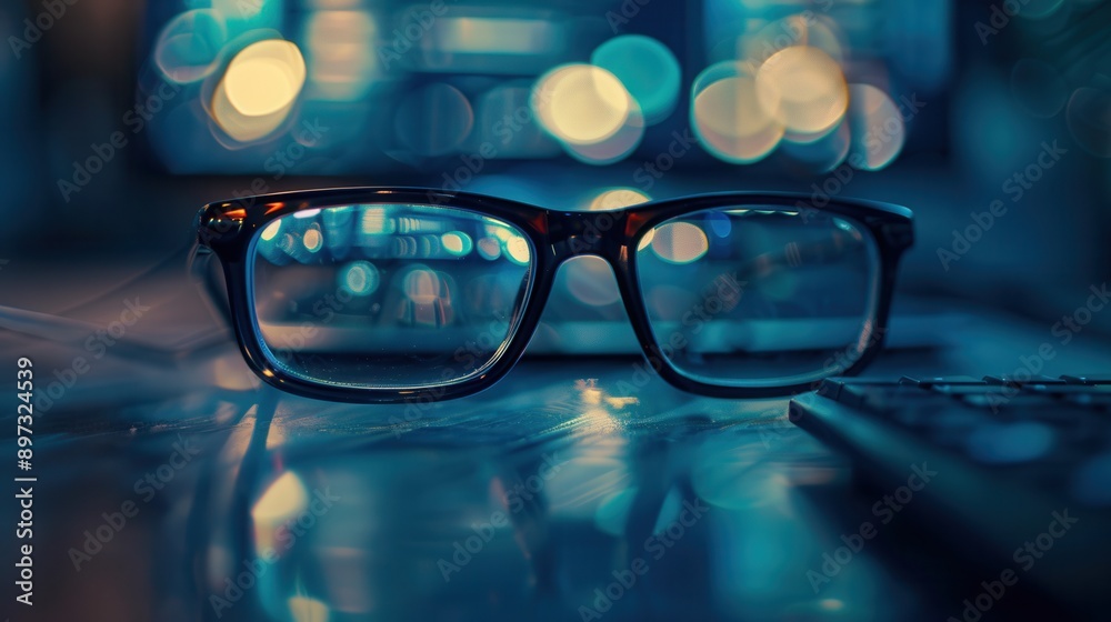 Poster black eyeglasses rest on a desk in front of a computer screen, illuminated by the soft glow of the s