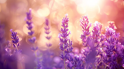 Naklejka premium Close-up photo of a delicate lavender flower field, featuring an abstract purple floral background. The image highlights the aromatic beauty of spring nature.