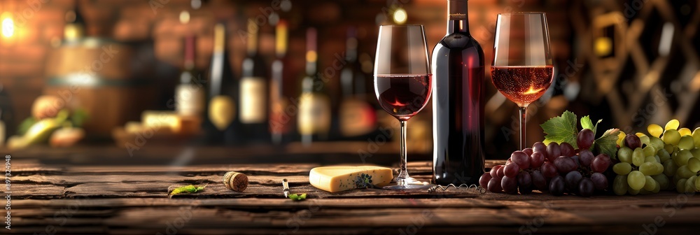 Aufkleber two glasses of red wine and a bottle of wine on a rustic wooden table with a cheese wedge, grapes, a