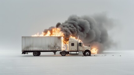 Dramatic Trailer Truck Accident with Intense Flames and Billowing Smoke on Plain Background