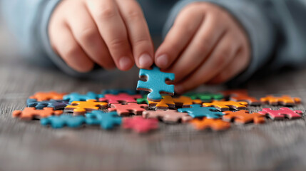 Fototapeta premium Close-up of hands solving a colorful jigsaw puzzle on a wooden surface, focusing on fun and challenging puzzle pieces.