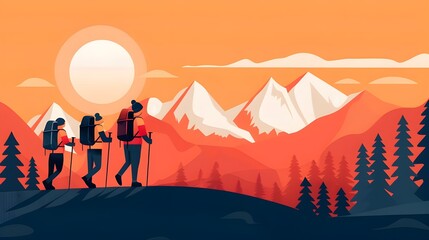 Hiking Through the Mountains at Sunset.