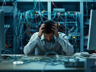Frustrated IT specialist working in a server room.