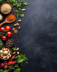Obraz na płótnie Canvas Fresh ingredients and spices arranged beautifully on a dark background for culinary inspiration.