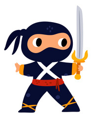 Strong sword fighter in traditional japanese costume. Cute ninja
