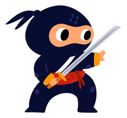 Ninja kid with katana sword. Masked character fighter