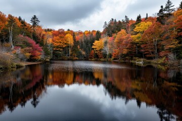 Fototapeta premium A picturesque view of colorful autumn trees reflected perfectly in the still waters of a tranquil lake, capturing the scenic beauty and peacefulness of the natural landscape.
