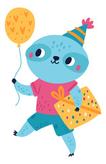 Happy sloth going to birthday party with gift box and balloon