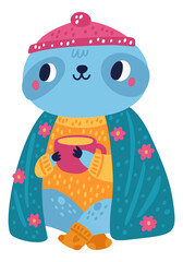 Cute sloth with hot drink cup in warm blanket
