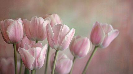 Fototapeta premium Pink tulips in a soft tone, creating a delicate and gentle atmosphere.