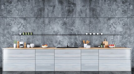 A minimalist modern kitchen with white cabinets and a concrete backsplash. The countertop is made of wood and features a sink, a small bowl of fruit, and a selection of kitchenware