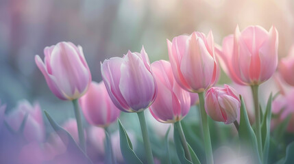 Fototapeta premium Pink tulips in a soft tone, creating a delicate and gentle atmosphere.