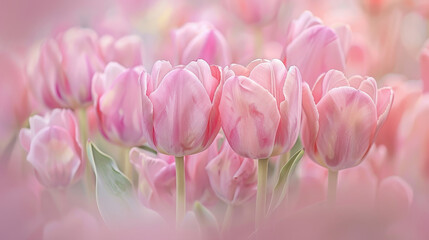 Fototapeta premium Pink tulips in a soft tone, creating a delicate and gentle atmosphere.