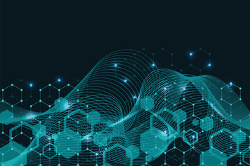 Technology abstract lines and dots connect background with hexagons. Hexagon grid. Hexagons connection digital data and big data concept