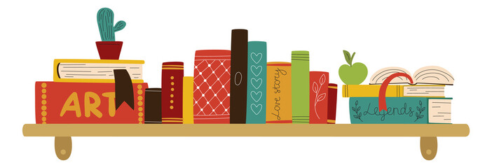 Cute books on shelf. Color hand drawn bookcovers