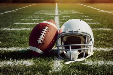Striking Photo of a Brown American Football with White Laces and a Helmet on a Green Field
