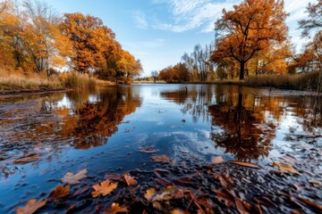 Fototapeta premium A serene lake surrounded by autumn trees, their vibrant fall leaves reflecting beautifully in the calm, clear water under a bright blue sky dotted with wispy clouds.