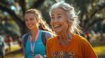 Joyful elderly woman and young woman smiling during an outdoor event in the park. - Powered by Adobe