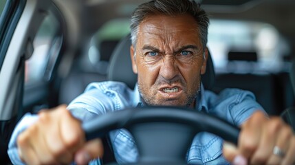 Angry man gripping the steering wheel in a car, emphasizing road rage and driving stress.