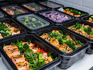 Healthy meal prep in black containers showcasing fresh ingredients and balanced portions for nutrition-focused diets.