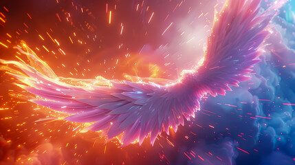 A stunning 3D depicting the majestic spread of angelic wings against a vibrant heavenly sky filled with glowing light rays and a dramatic cinematic atmosphere  The image showcases a dynamic
